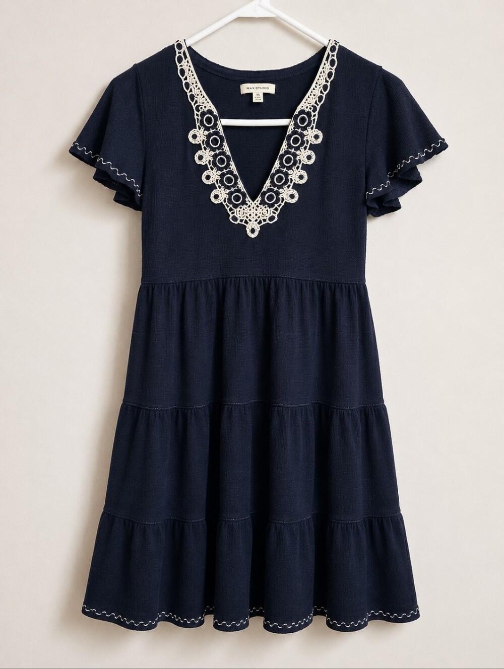 Max Studio Navy Blue Tiered Lace Embroidered Dress XS
